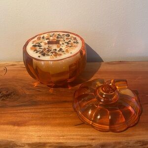 Handmade Pumpkin Wooden Wick Glass Candle with Carnelian & Obsidian Crystals